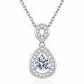 Teardrop Halo Moissanite Pendant Necklace with CZ in Rhodium-Plated S925 sterling silver white background product photo showing double teardrop halo pendant with a round moissanite center and CZ frame