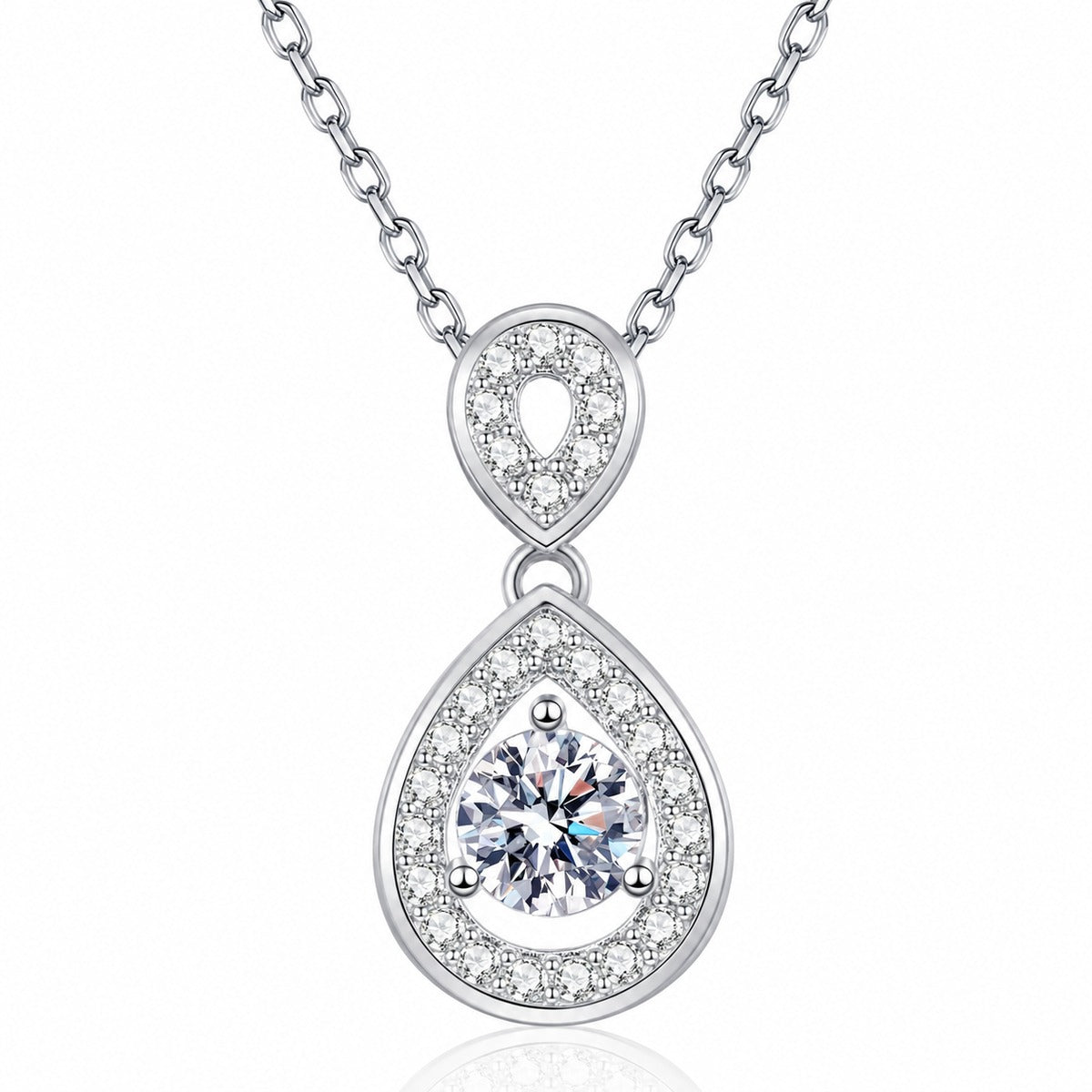 Teardrop Halo Moissanite Pendant Necklace with CZ in Rhodium-Plated S925 sterling silver white background product photo showing double teardrop halo pendant with a round moissanite center and CZ frame