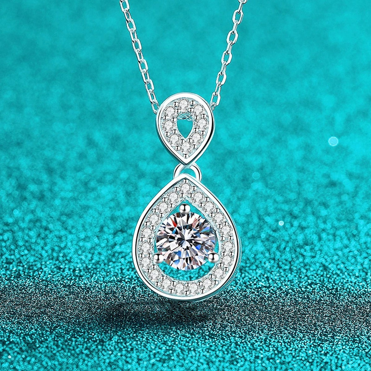 Teardrop Halo Moissanite Pendant Necklace with CZ in Rhodium-Plated S925 sterling silver angled product detail view