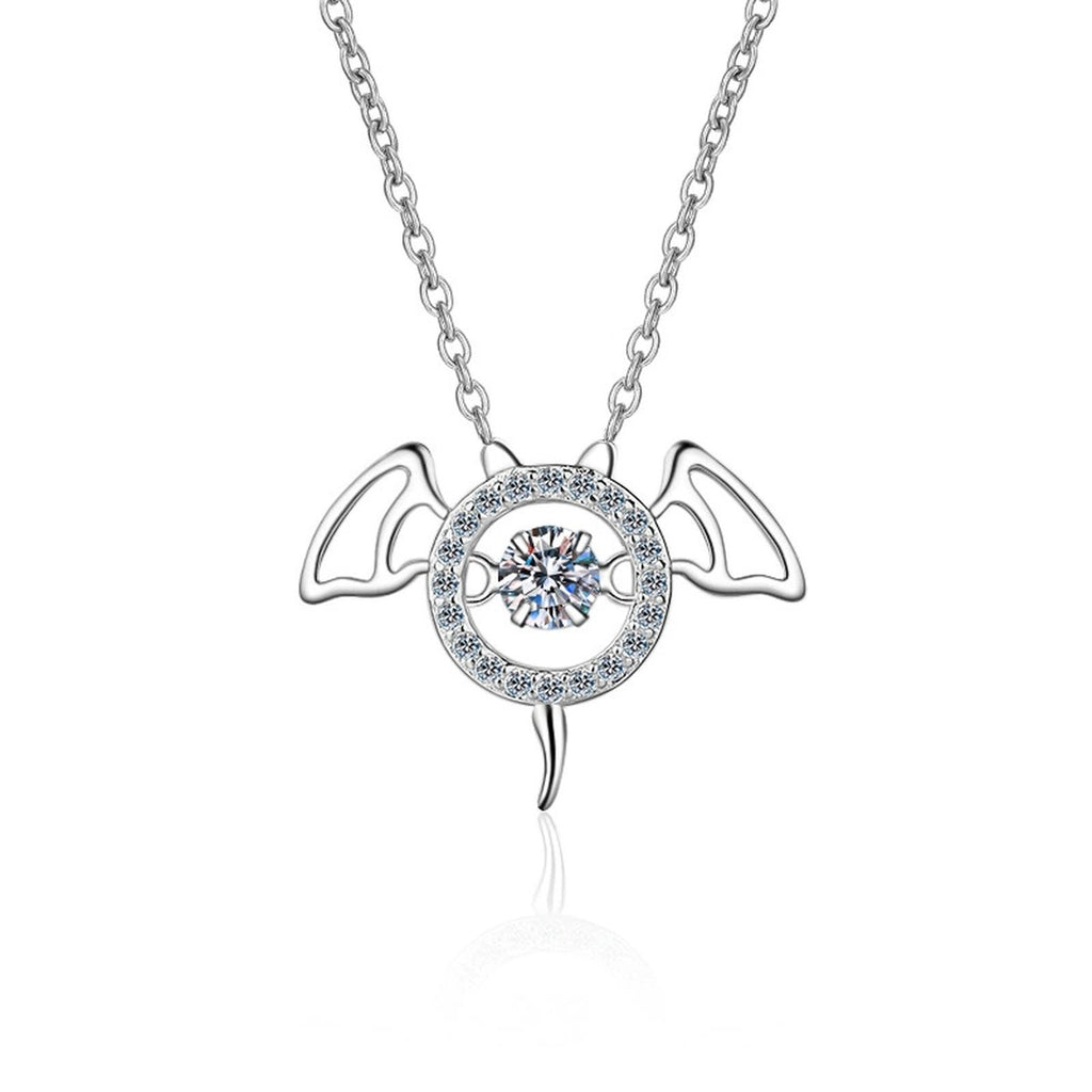 Devil Wing Moissanite Pendant Necklace with CZ in Rhodium-Plated S925 sterling silver on white background showing pendant shape and round moissanite
