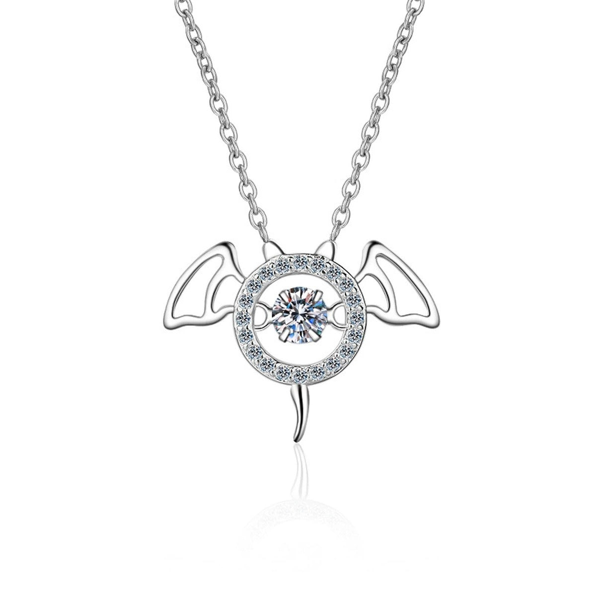 Devil Wing Moissanite Pendant Necklace with CZ in Rhodium-Plated S925 sterling silver on white background showing pendant shape and round moissanite
