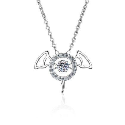 Devil Wing Moissanite Pendant Necklace with CZ in Rhodium-Plated S925 sterling silver on white background showing pendant shape and round moissanite