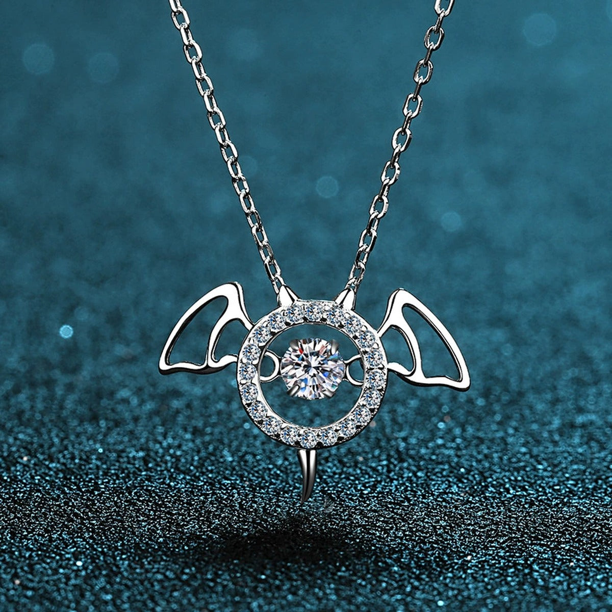 Devil Wing Moissanite Pendant Necklace with CZ in Rhodium-Plated S925 sterling silver product scene view showing pendant detail