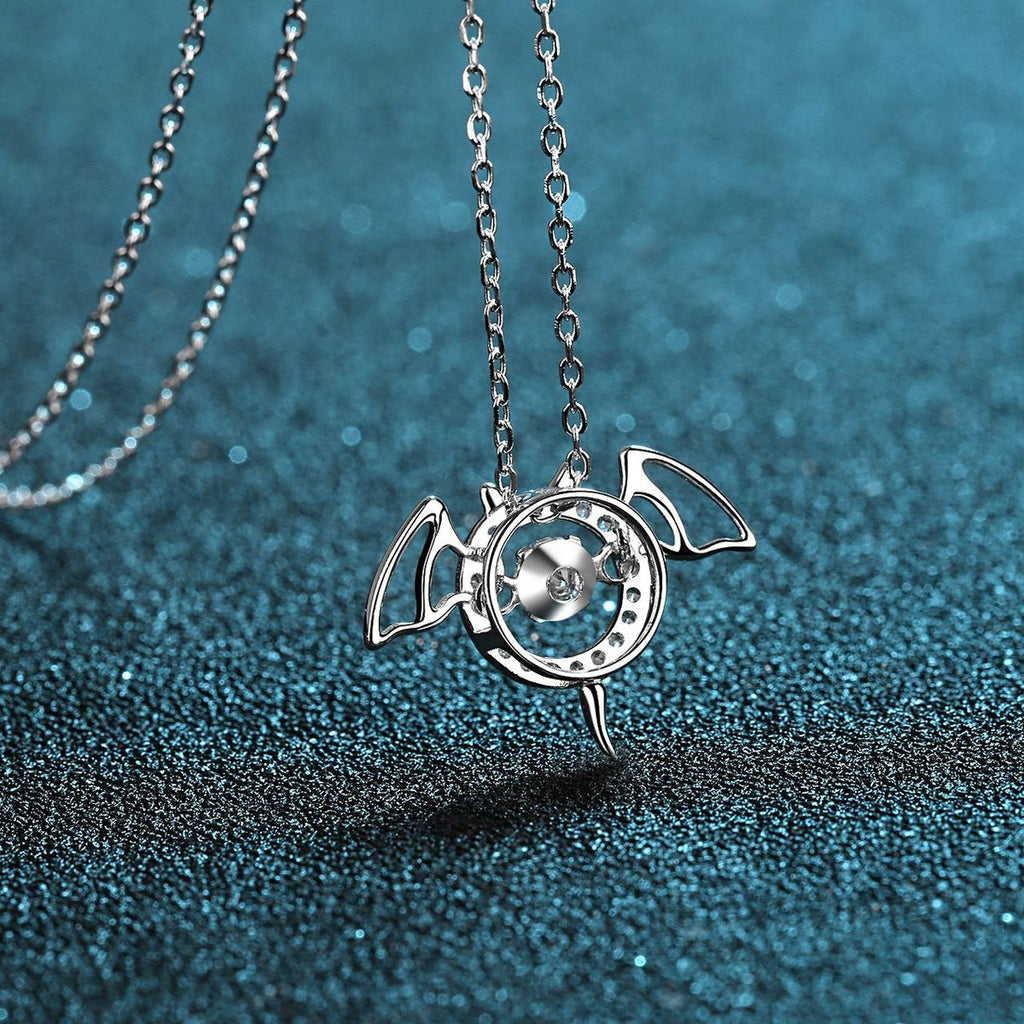 Devil Wing Moissanite Pendant Necklace with CZ in Rhodium-Plated S925 sterling silver product scene view showing chain and setting detail