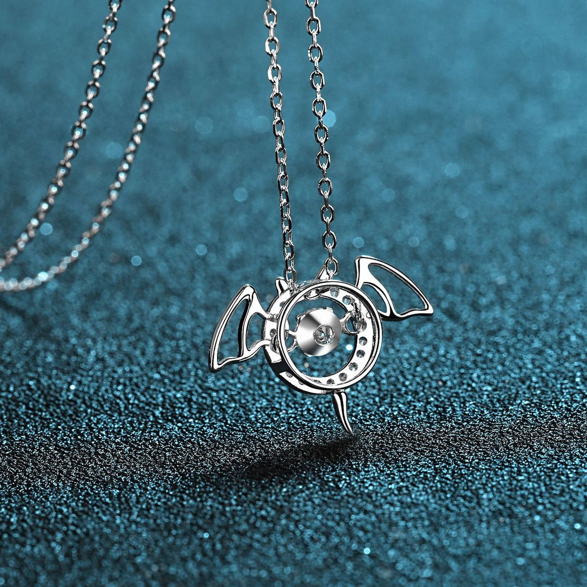 Devil Wing Moissanite Pendant Necklace with CZ in Rhodium-Plated S925 sterling silver product scene view showing chain and setting detail