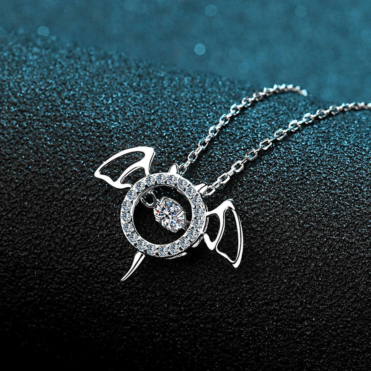 Devil Wing Moissanite Pendant Necklace with CZ in Rhodium-Plated S925 sterling silver product scene view showing angled sparkle
