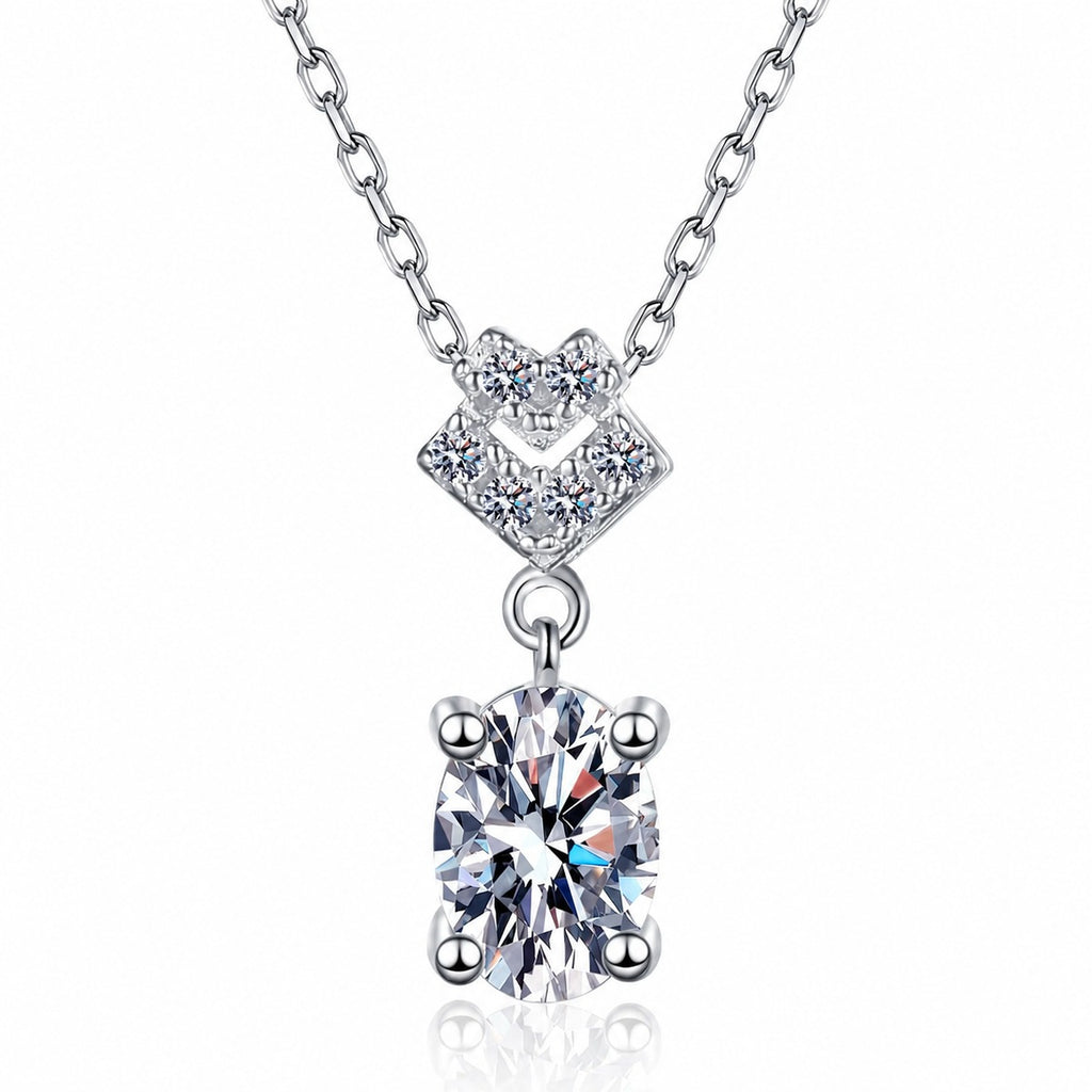 Bow Oval Moissanite Pendant Necklace in Rhodium-Plated S925 sterling silver white background product photo showing bow-accent pendant with an oval cut moissanite drop