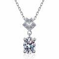 Bow Oval Moissanite Pendant Necklace in Rhodium-Plated S925 sterling silver white background product photo showing bow-accent pendant with an oval cut moissanite drop