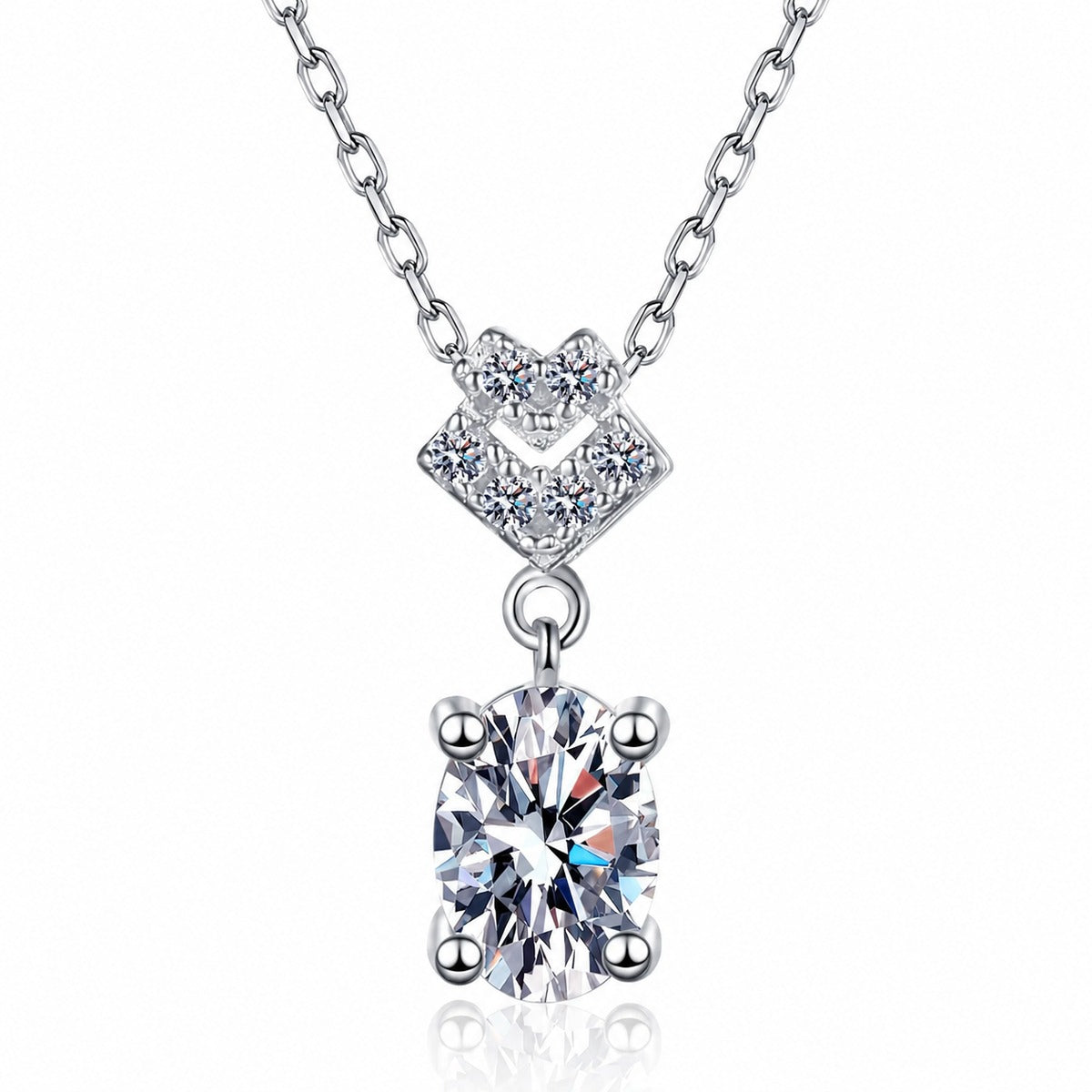 Bow Oval Moissanite Pendant Necklace in Rhodium-Plated S925 sterling silver white background product photo showing bow-accent pendant with an oval cut moissanite drop
