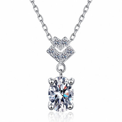 Bow Oval Moissanite Pendant Necklace in Rhodium-Plated S925 sterling silver white background product photo showing bow-accent pendant with an oval cut moissanite drop