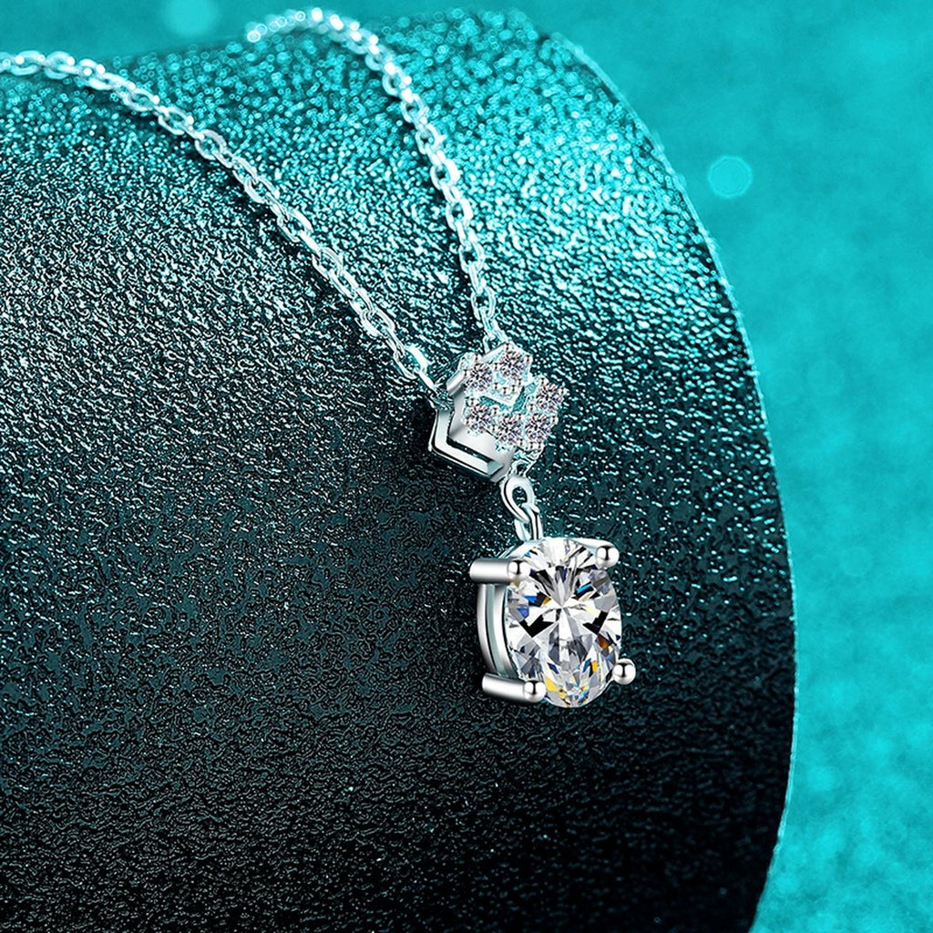 Bow Oval Moissanite Pendant Necklace in Rhodium-Plated S925 sterling silver angled product detail view