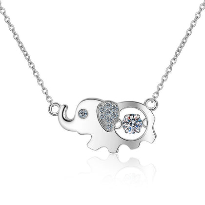 Elephant Moissanite Pendant Necklace with CZ in Rhodium-Plated S925 sterling silver on white background showing pendant shape and round moissanite