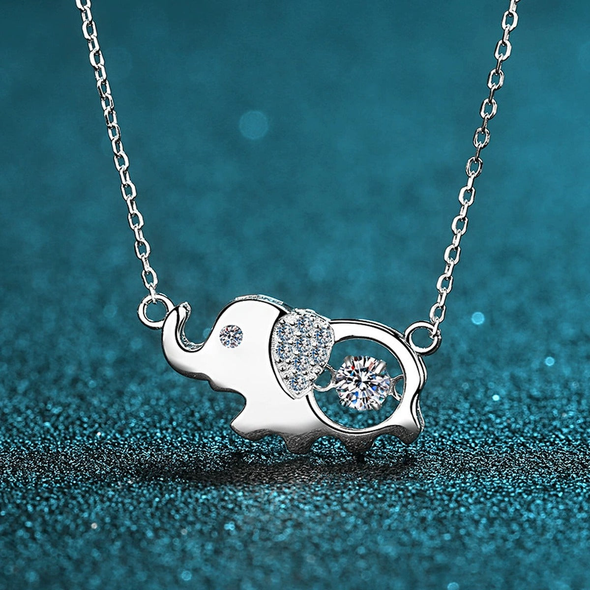 Elephant Moissanite Pendant Necklace with CZ in Rhodium-Plated S925 sterling silver product scene view showing pendant detail