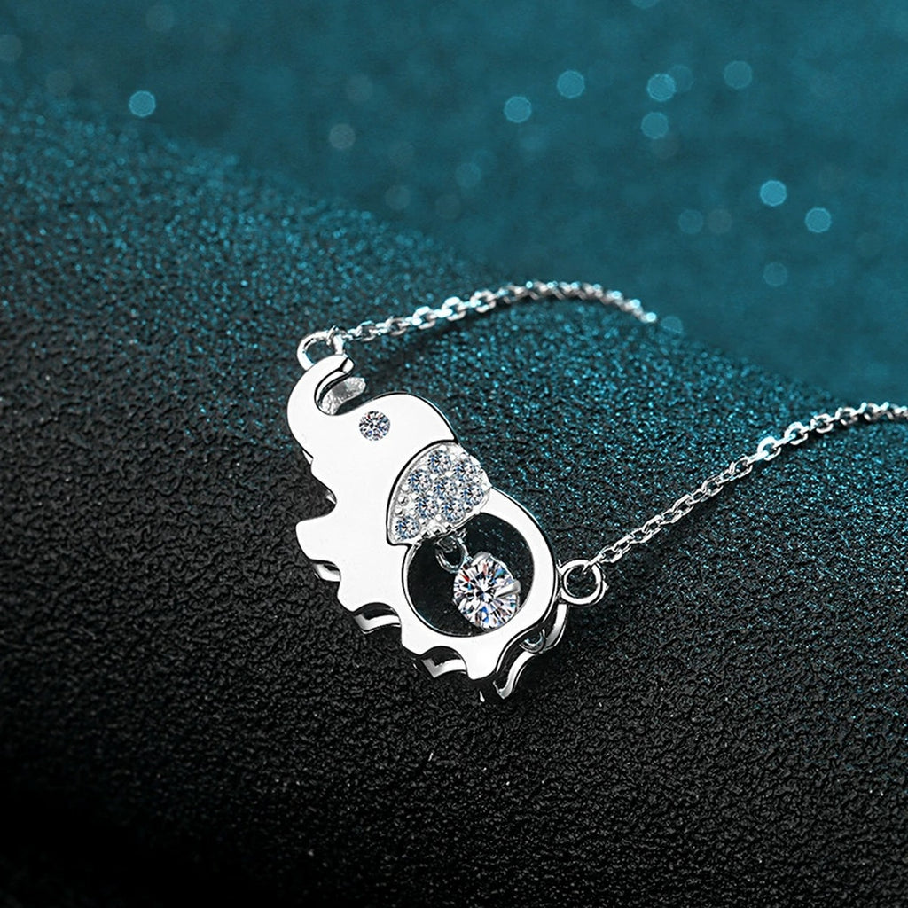 Elephant Moissanite Pendant Necklace with CZ in Rhodium-Plated S925 sterling silver product scene view showing chain and setting detail