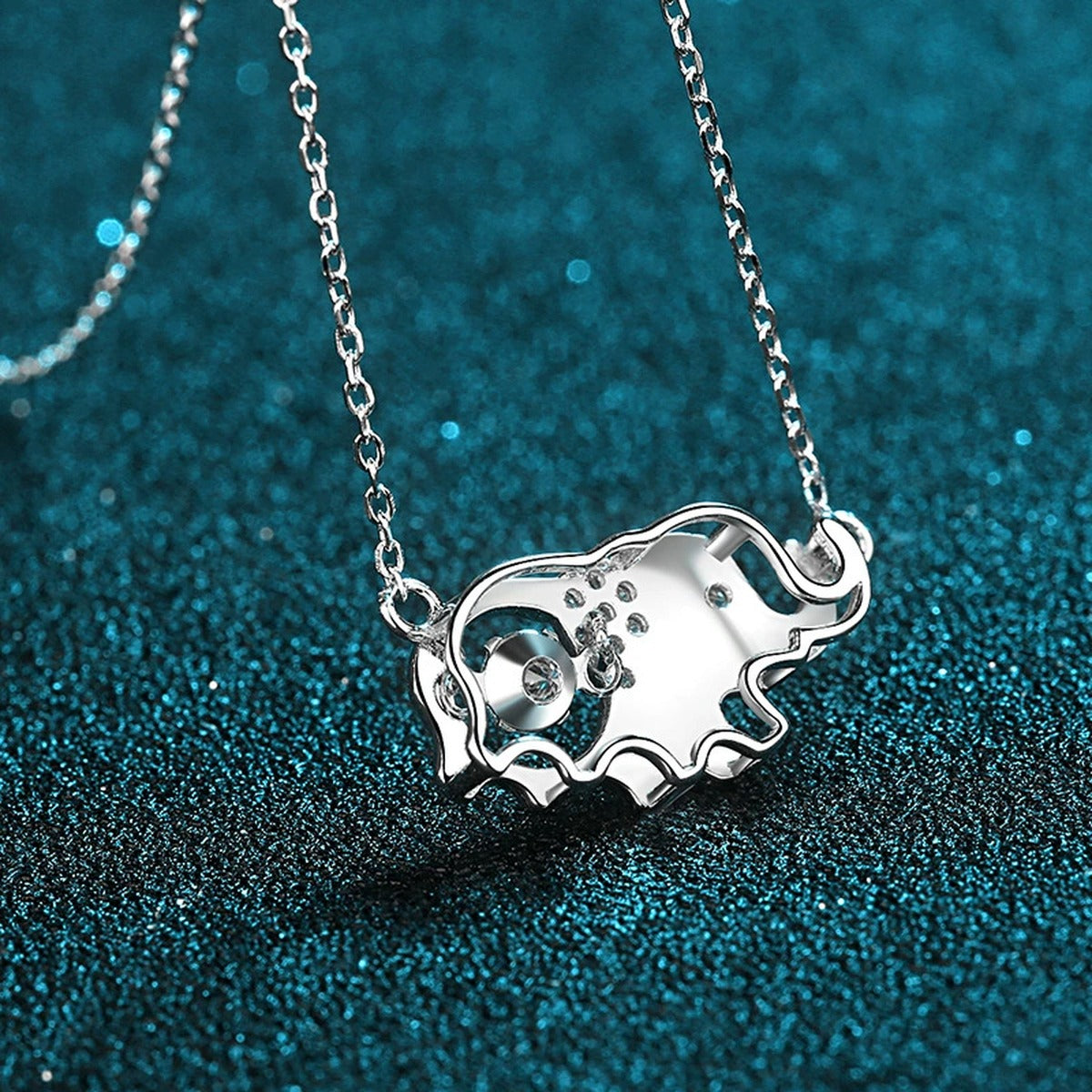 Elephant Moissanite Pendant Necklace with CZ in Rhodium-Plated S925 sterling silver product scene view showing angled sparkle