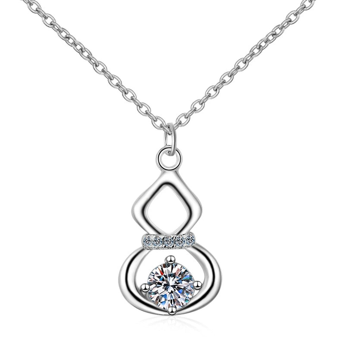 Gourd Moissanite Pendant Necklace with CZ in Rhodium-Plated S925 sterling silver on white background showing pendant shape and round moissanite