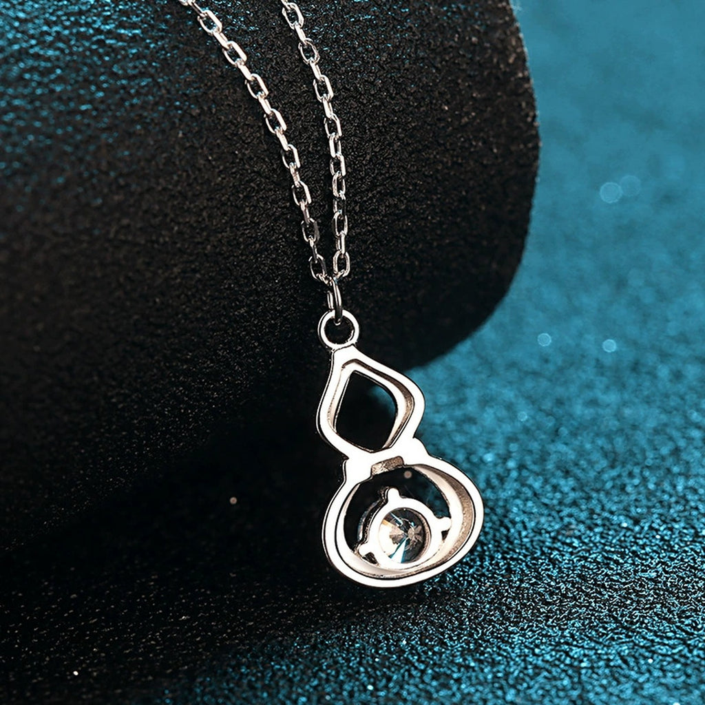 Gourd Moissanite Pendant Necklace with CZ in Rhodium-Plated S925 sterling silver product scene view showing chain and setting detail