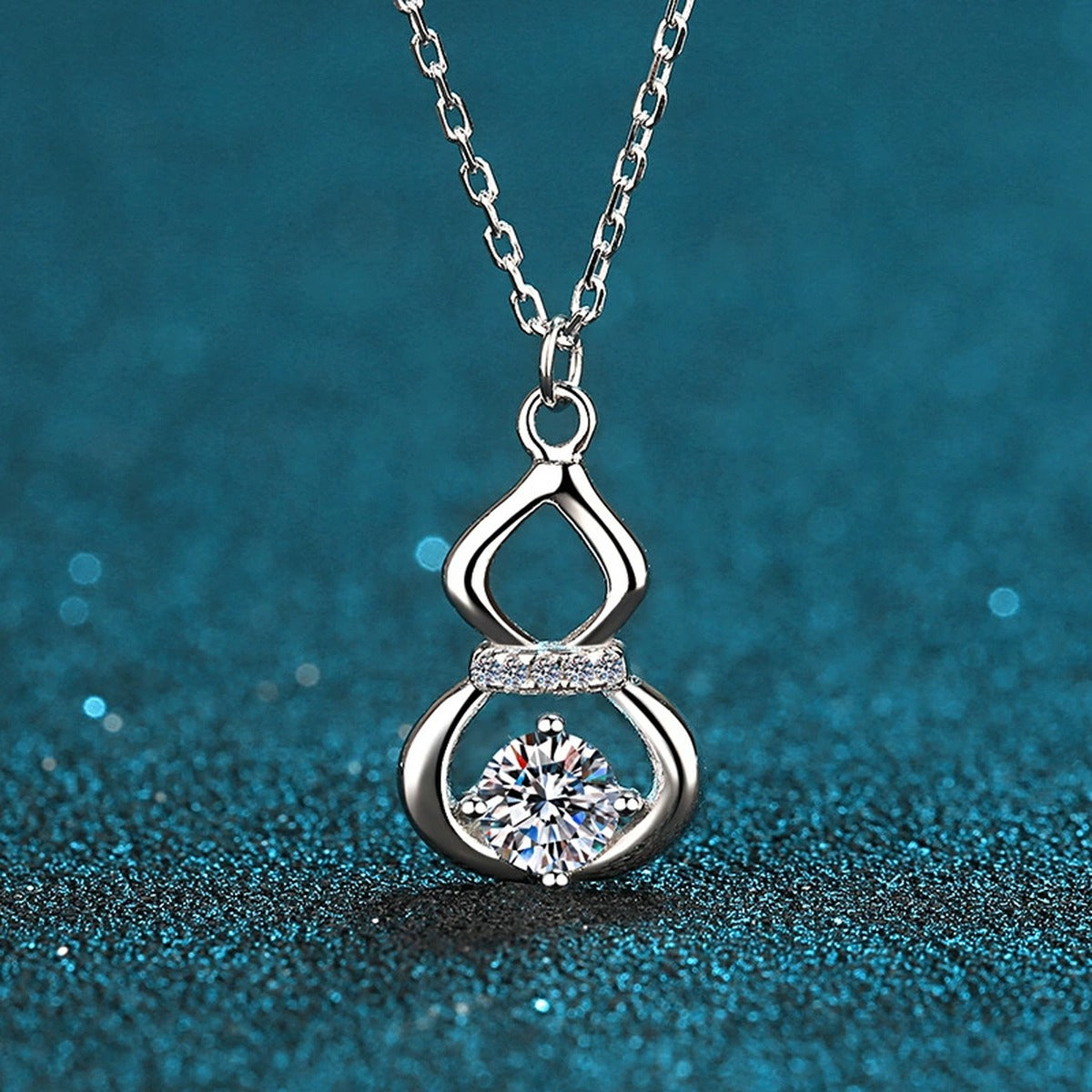 Gourd Moissanite Pendant Necklace with CZ in Rhodium-Plated S925 sterling silver product scene view showing angled sparkle