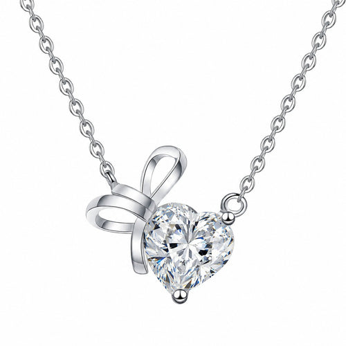 Bow Heart Moissanite Pendant Necklace in Rhodium-Plated S925 sterling silver white background product photo showing heart cut moissanite pendant with a small bow accent