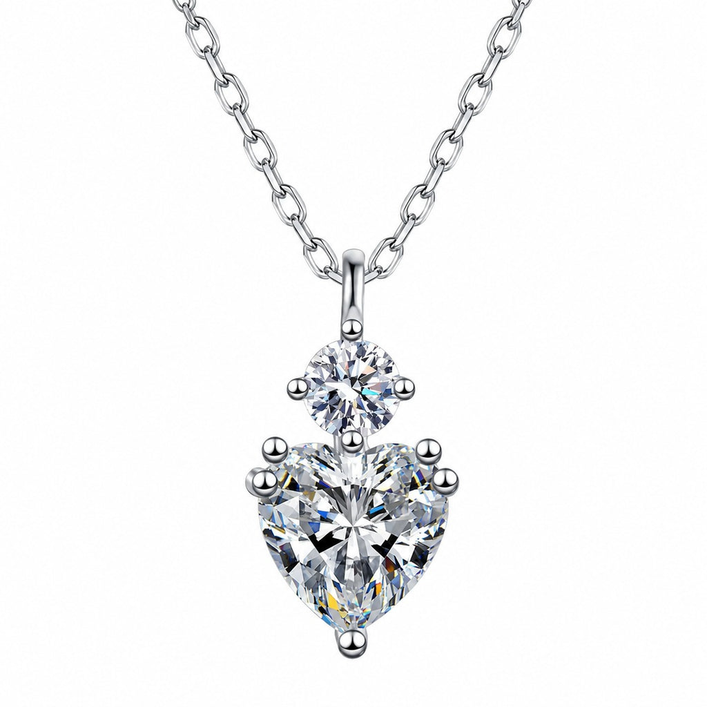 Bow Heart and Round Moissanite Pendant Necklace in Rhodium-Plated S925 sterling silver white background product photo showing bow pendant with heart and round moissanite stones
