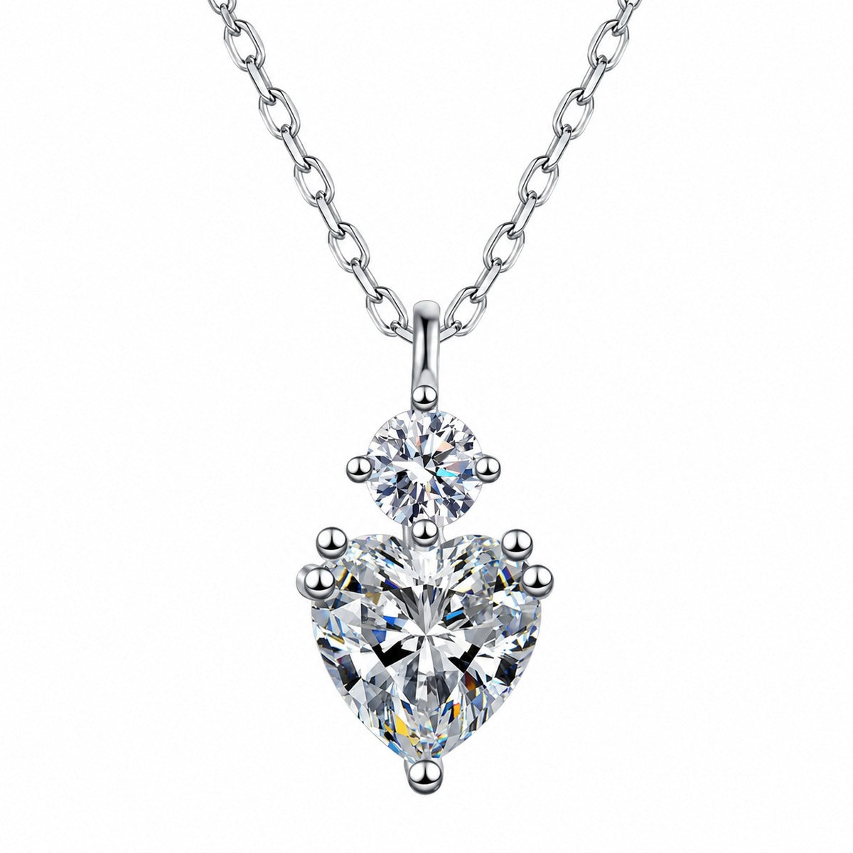 Bow Heart and Round Moissanite Pendant Necklace in Rhodium-Plated S925 sterling silver white background product photo showing bow pendant with heart and round moissanite stones