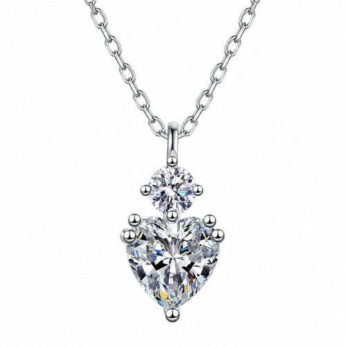 Bow Heart and Round Moissanite Pendant Necklace in Rhodium-Plated S925 sterling silver white background product photo showing bow pendant with heart and round moissanite stones