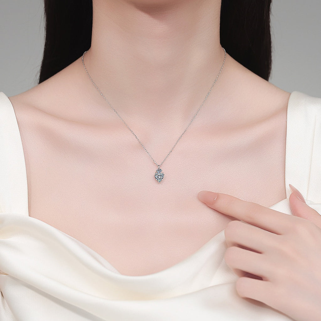 Bow Heart and Round Moissanite Pendant Necklace in Rhodium-Plated S925 sterling silver neckline model view showing pendant scale and adjustable chain