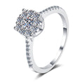 Round Cluster Halo Moissanite Engagement Ring with CZ in rhodium-plated S925 sterling silver on clean white background