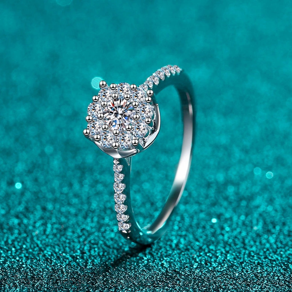 Round Cluster Halo Moissanite Engagement Ring with CZ product view showing moissanite setting and metal finish