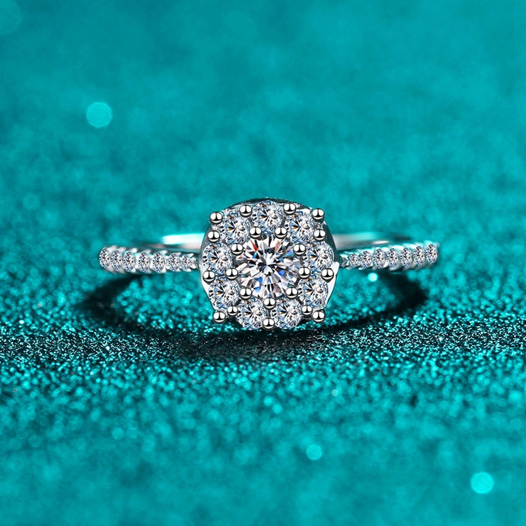 Round Cluster Halo Moissanite Engagement Ring with CZ product view showing moissanite setting and metal finish