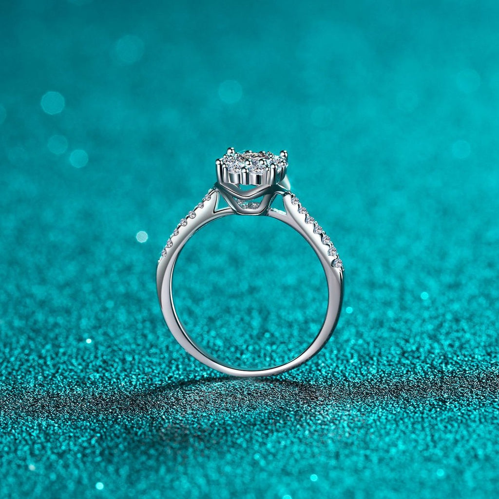 Round Cluster Halo Moissanite Engagement Ring with CZ product view showing moissanite setting and metal finish