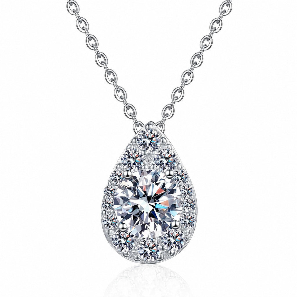 Teardrop Halo Moissanite Pendant Necklace with CZ in Rhodium-Plated S925 sterling silver white background product photo showing teardrop halo pendant with a round moissanite center and CZ border