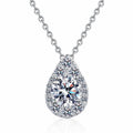 Teardrop Halo Moissanite Pendant Necklace with CZ in Rhodium-Plated S925 sterling silver white background product photo showing teardrop halo pendant with a round moissanite center and CZ border