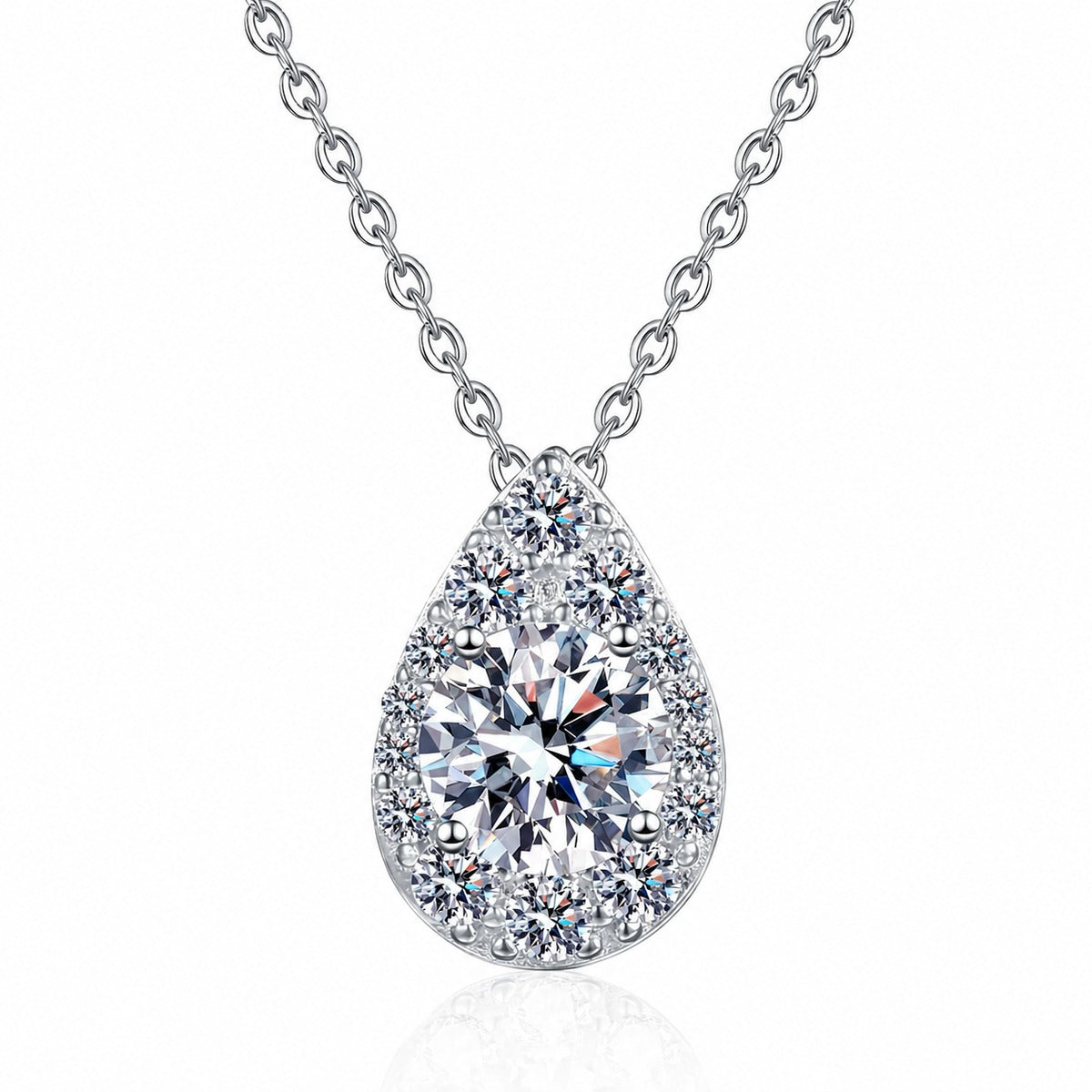Teardrop Halo Moissanite Pendant Necklace with CZ in Rhodium-Plated S925 sterling silver white background product photo showing teardrop halo pendant with a round moissanite center and CZ border