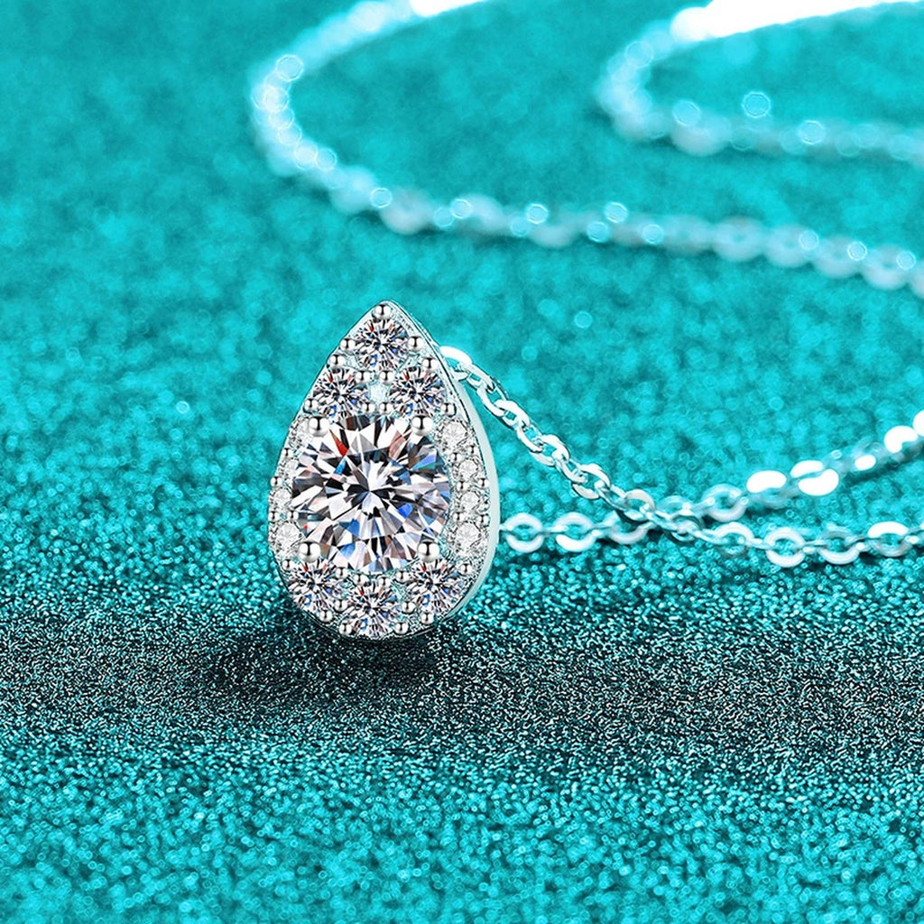 Teardrop Halo Moissanite Pendant Necklace with CZ in Rhodium-Plated S925 sterling silver close-up product scene showing pendant setting