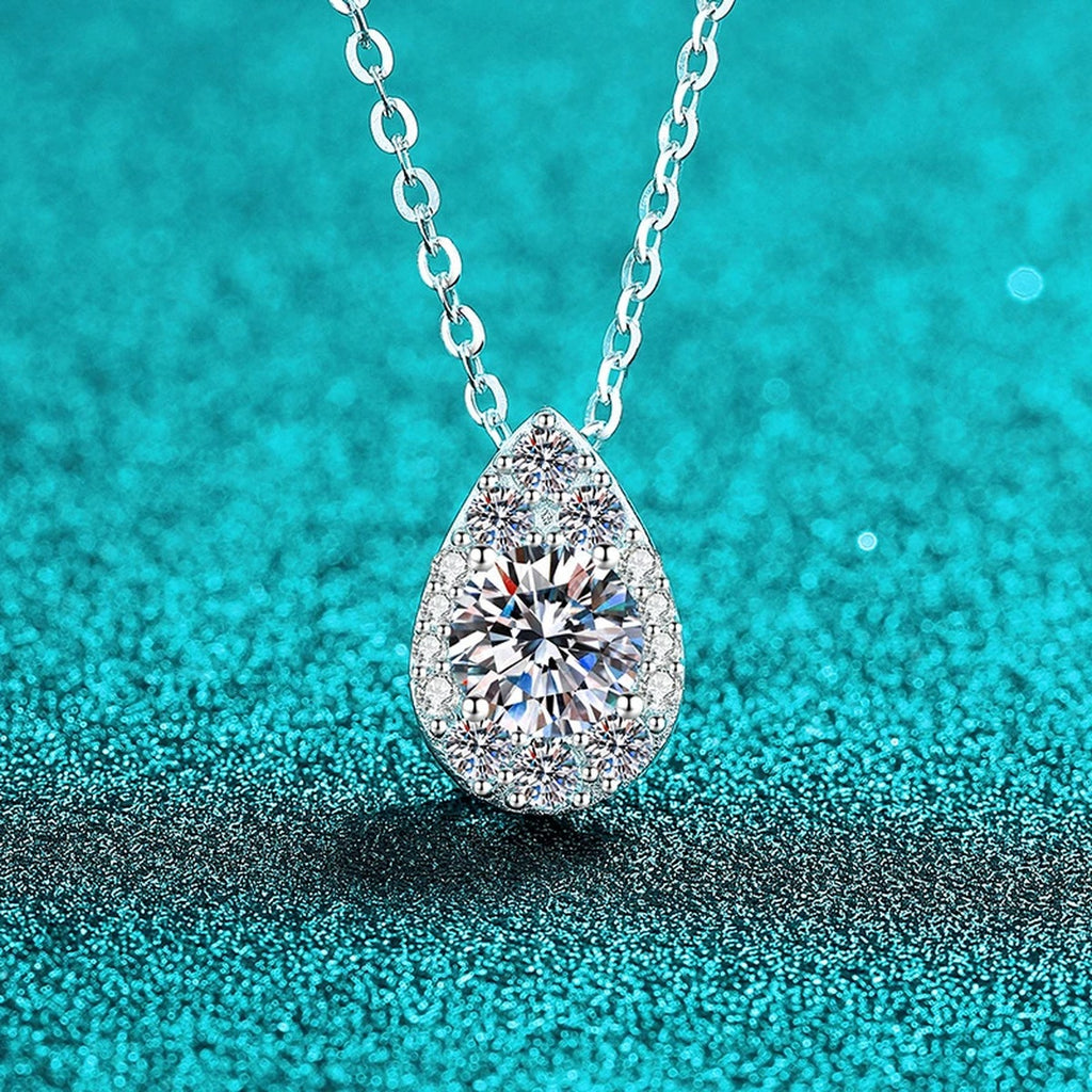 Teardrop Halo Moissanite Pendant Necklace with CZ in Rhodium-Plated S925 sterling silver blue display scene showing chain and stone layout