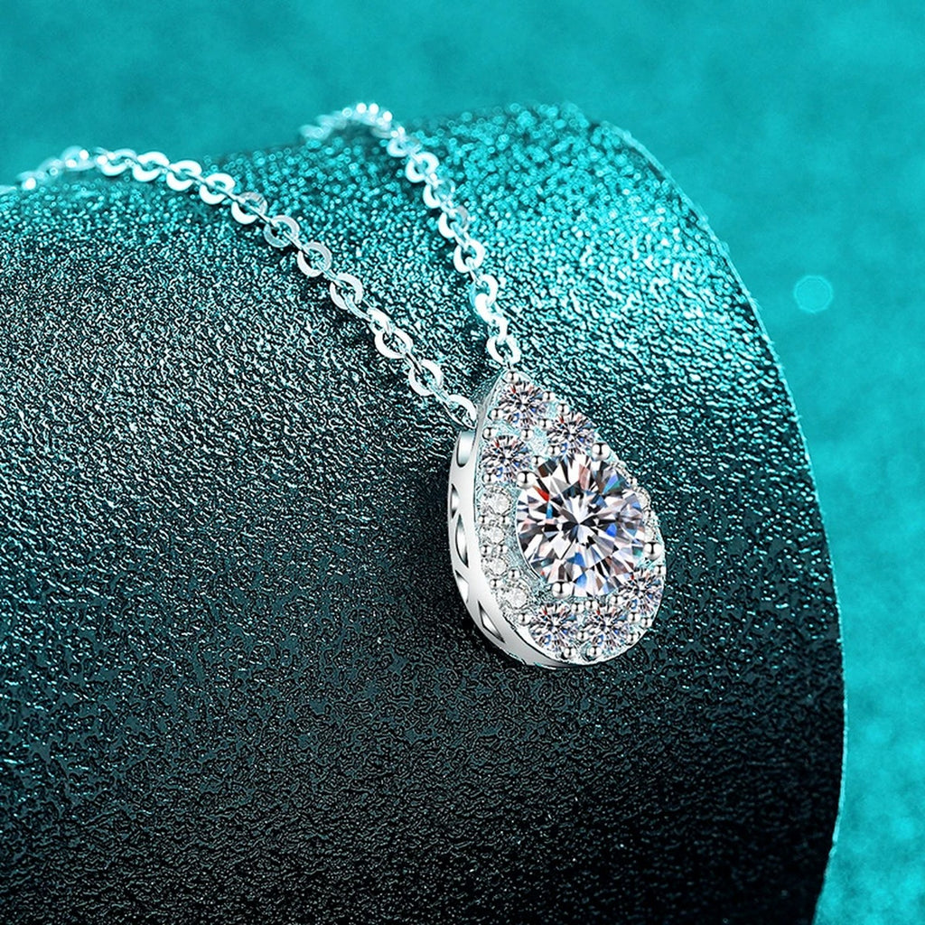 Teardrop Halo Moissanite Pendant Necklace with CZ in Rhodium-Plated S925 sterling silver angled product detail view