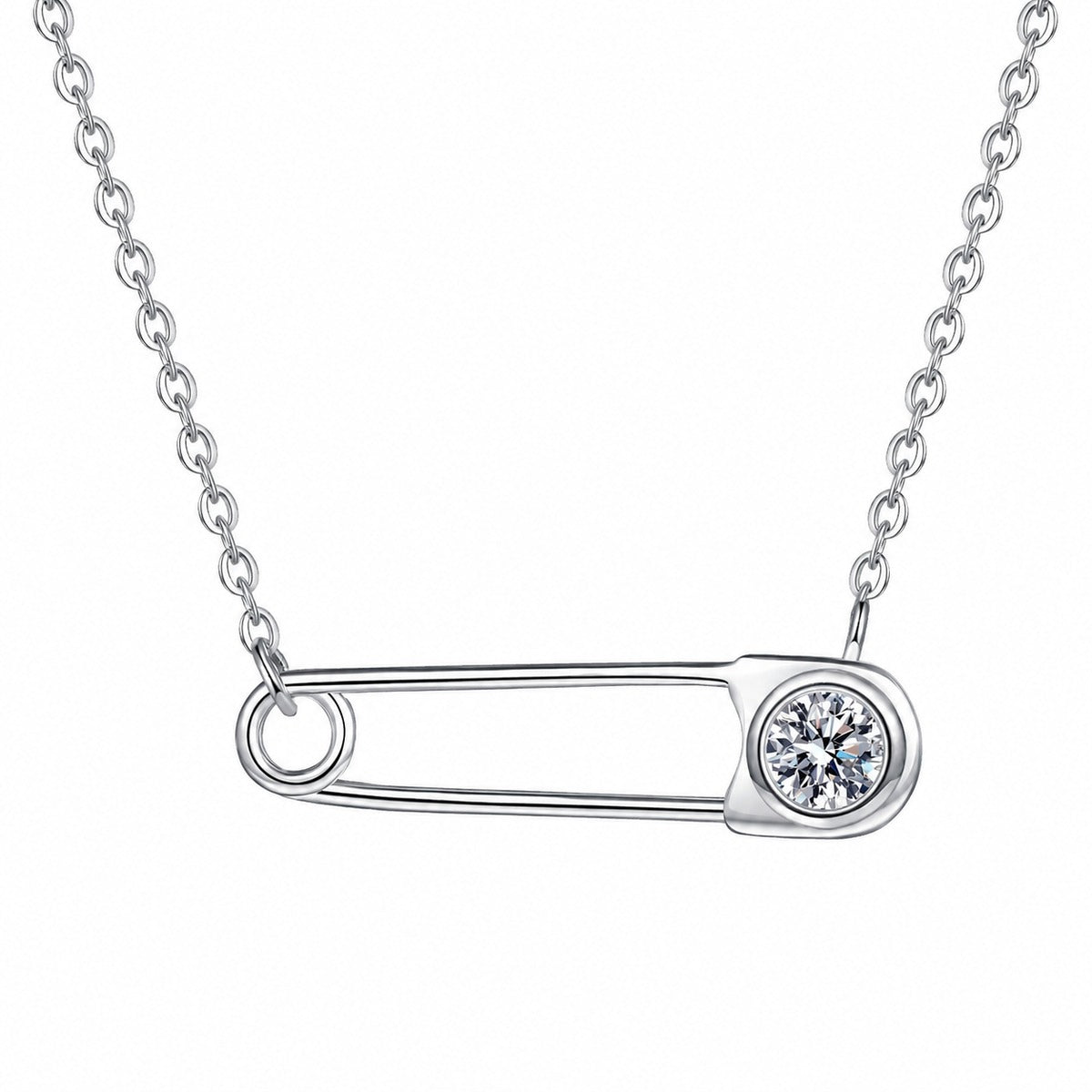 Bar Pin Round Moissanite Necklace in Rhodium-Plated S925 sterling silver white background product photo showing horizontal bar pin necklace with a round moissanite accent