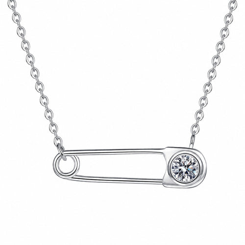 Bar Pin Round Moissanite Necklace in Rhodium-Plated S925 sterling silver white background product photo showing horizontal bar pin necklace with a round moissanite accent