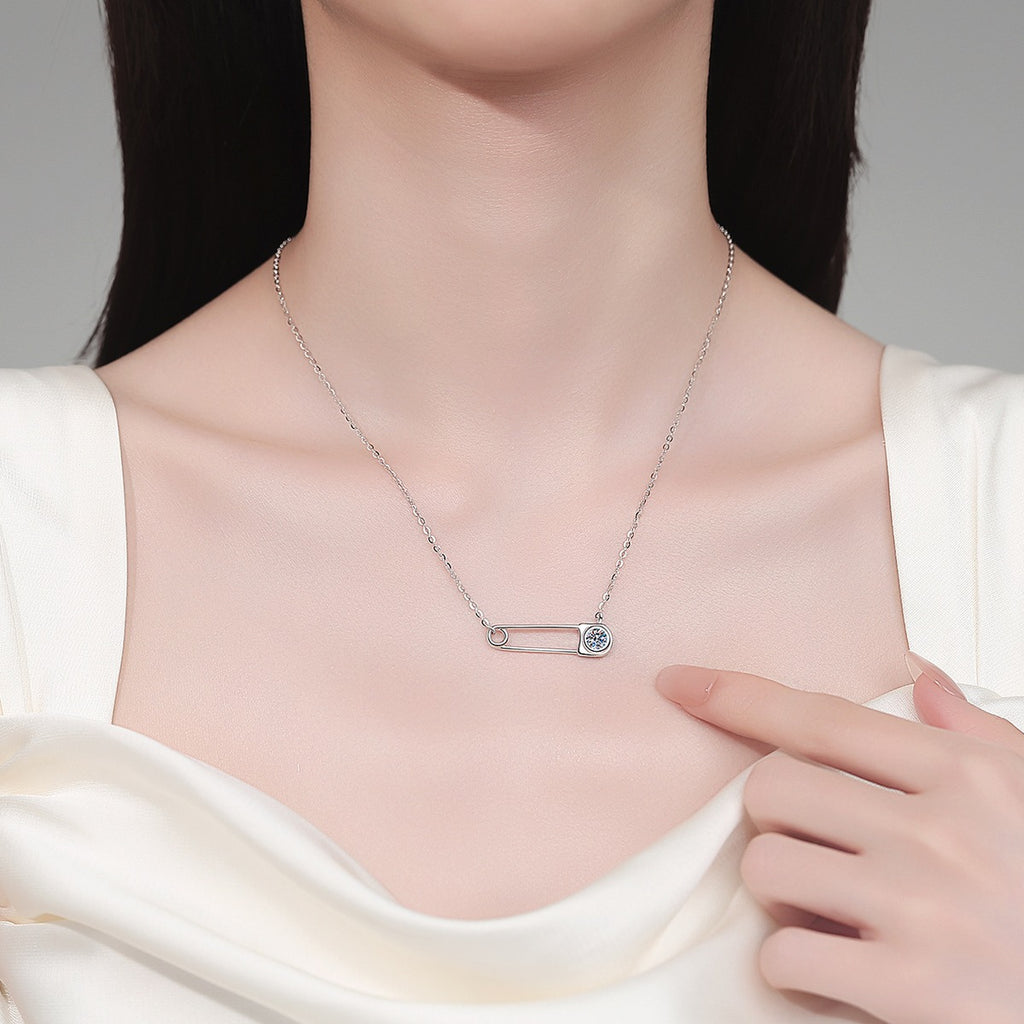 Bar Pin Round Moissanite Necklace in Rhodium-Plated S925 sterling silver neckline model view showing pendant scale and adjustable chain