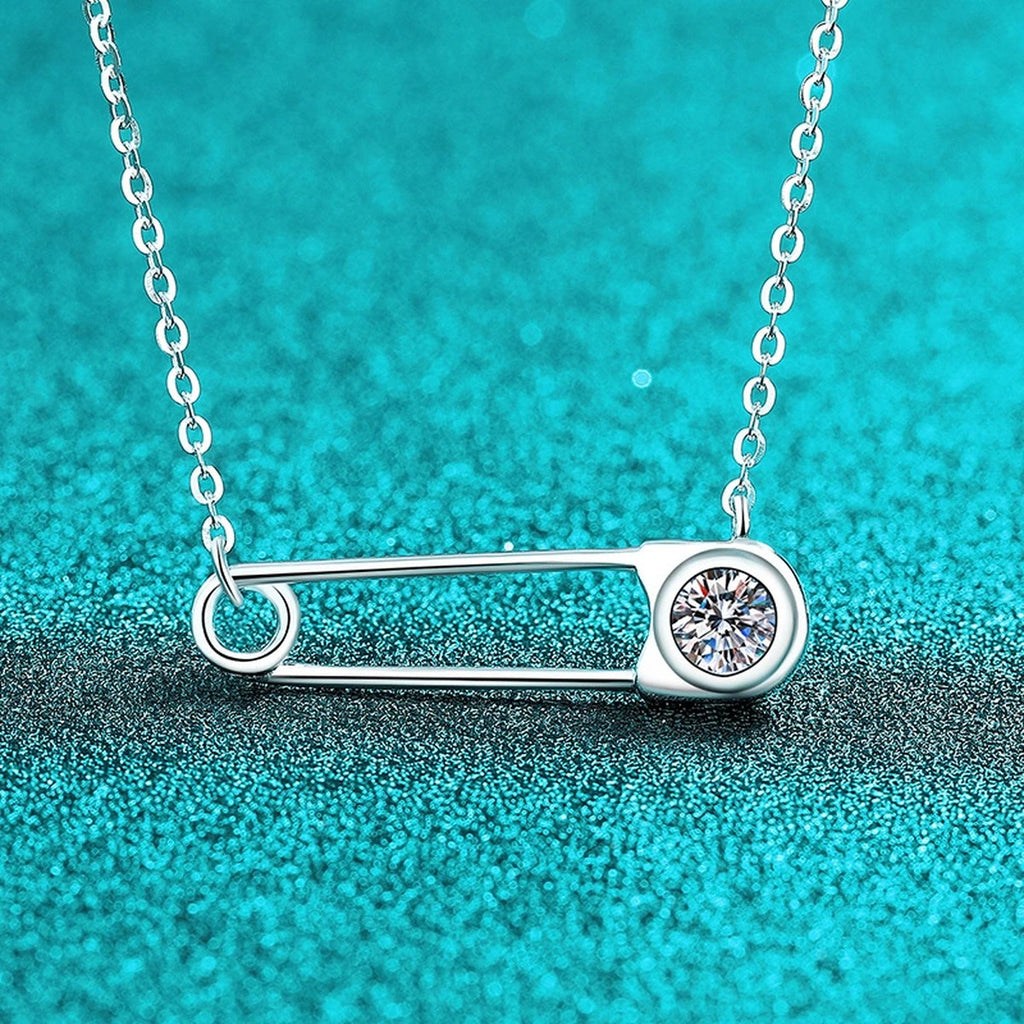 Bar Pin Round Moissanite Necklace in Rhodium-Plated S925 sterling silver close-up product scene showing pendant setting