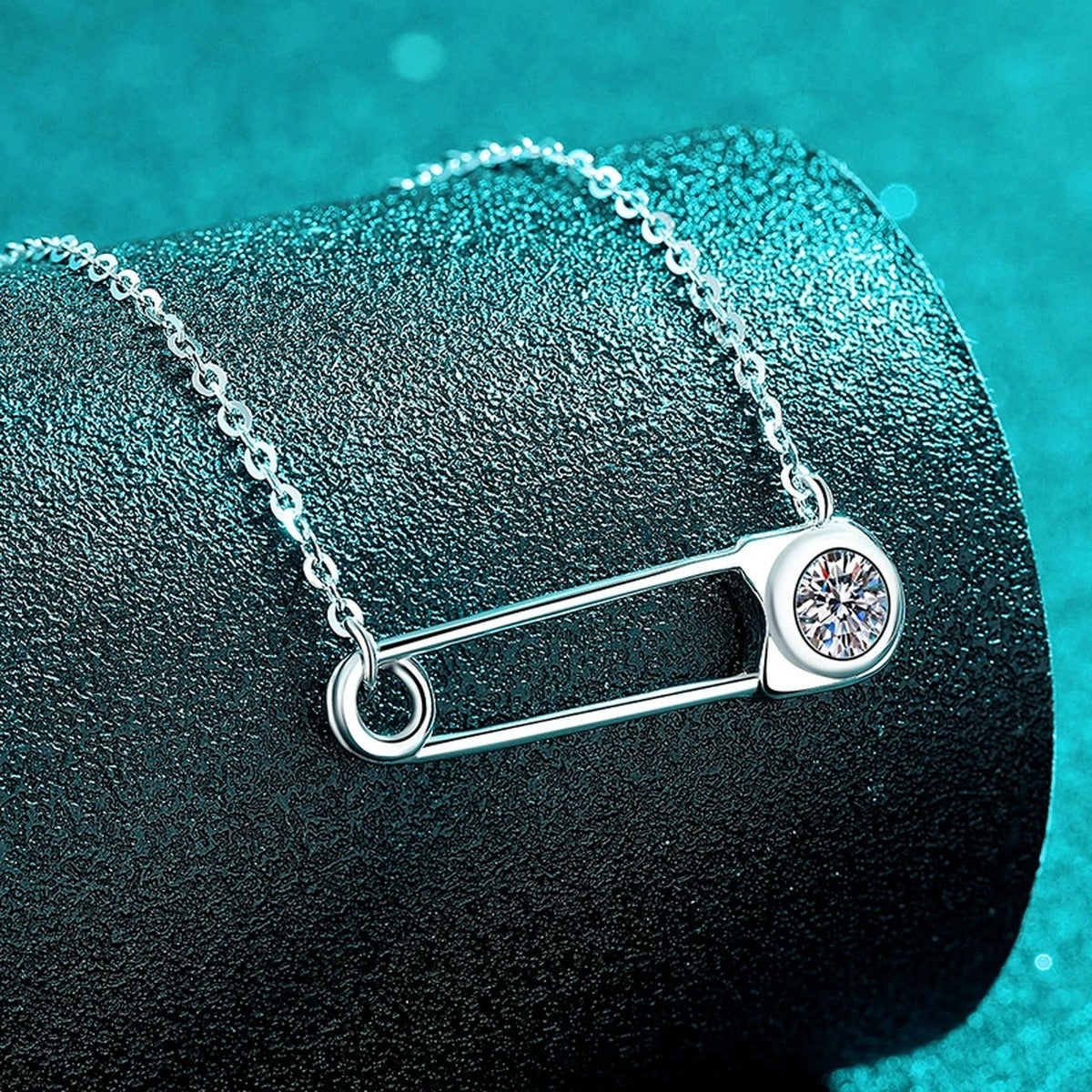 Bar Pin Round Moissanite Necklace in Rhodium-Plated S925 sterling silver blue display scene showing chain and stone layout