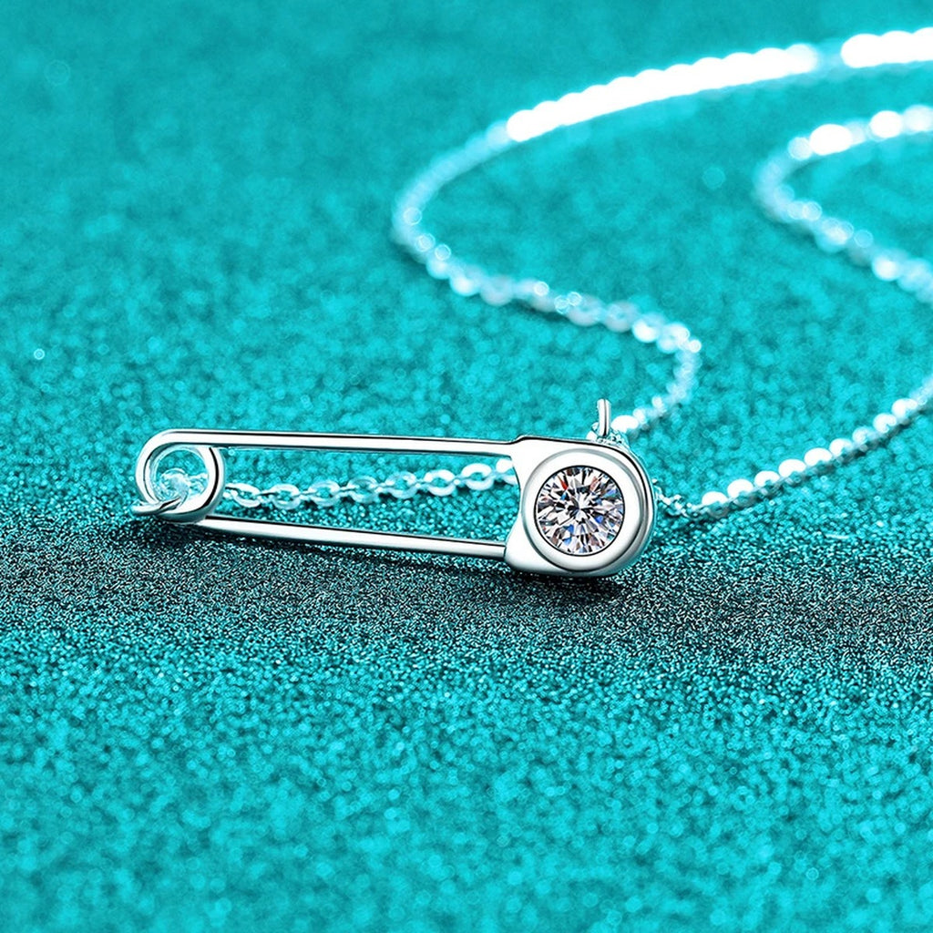 Bar Pin Round Moissanite Necklace in Rhodium-Plated S925 sterling silver angled product detail view
