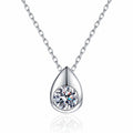 Teardrop Round Moissanite Pendant Necklace in Rhodium-Plated S925 sterling silver white background product photo showing teardrop pendant with round moissanite center options