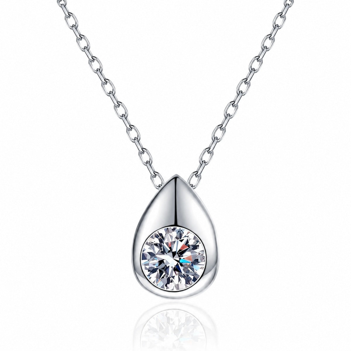 Teardrop Round Moissanite Pendant Necklace in Rhodium-Plated S925 sterling silver white background product photo showing teardrop pendant with round moissanite center options