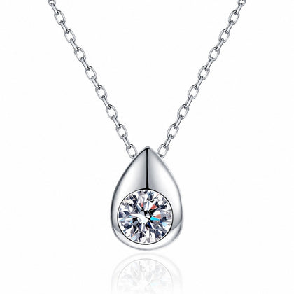 Teardrop Round Moissanite Pendant Necklace in Rhodium-Plated S925 sterling silver white background product photo showing teardrop pendant with round moissanite center options