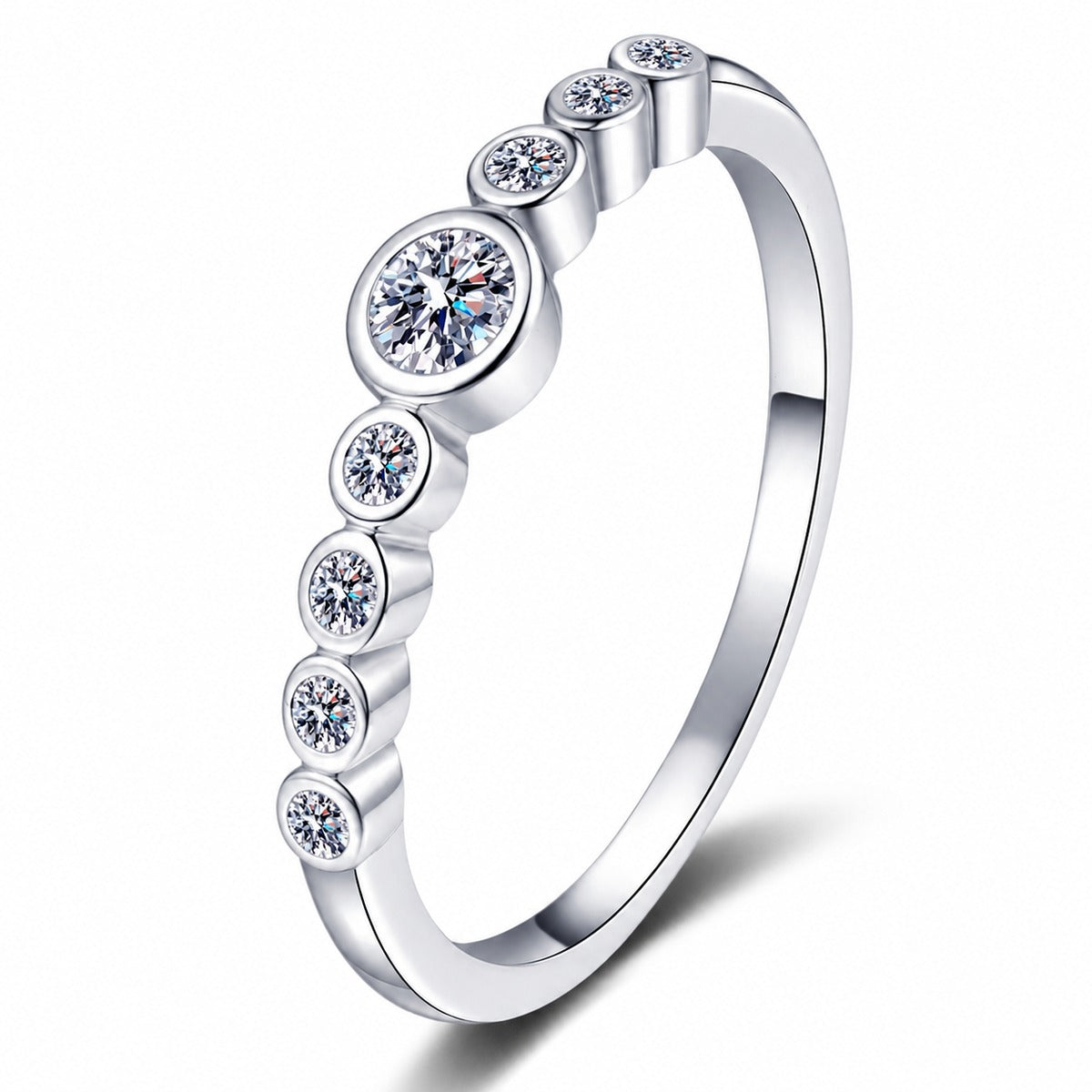 Round Moissanite Stackable Band Ring in rhodium-plated S925 sterling silver on clean white background