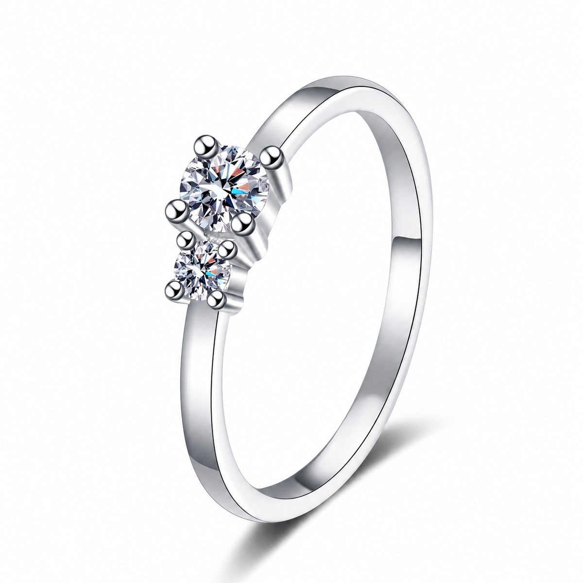Round Moissanite Three Stone Ring in rhodium-plated S925 sterling silver on clean white background