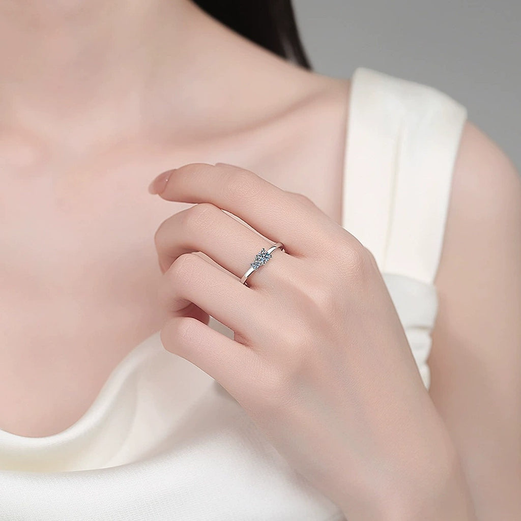 Round Moissanite Three Stone Ring worn on hand to show scale, band width, and ring profile