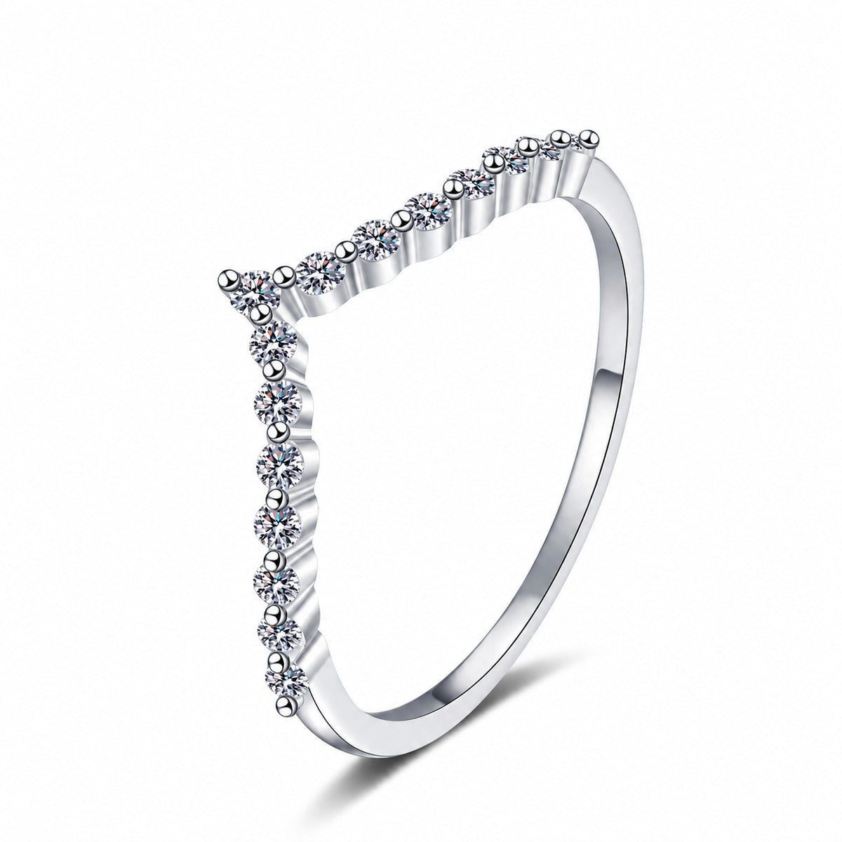Chevron Moissanite Band Ring in rhodium-plated S925 sterling silver on clean white background